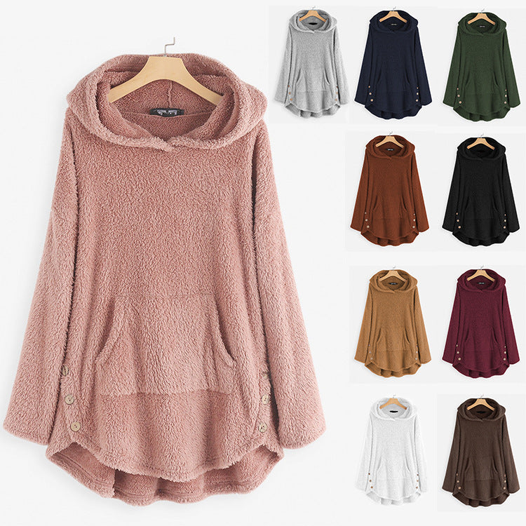 Damen nan kuscheliger Teddy-Kapuzenpullover mit Kängurutasche, Knopfleiste an den Seiten und abgerundetem Saum Echo Archiv