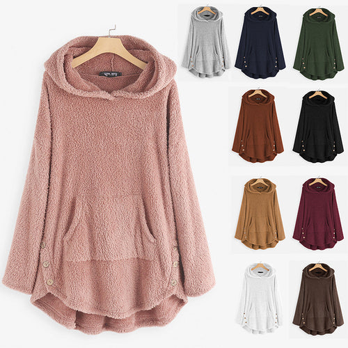 Damen nan kuscheliger Teddy-Kapuzenpullover mit Kängurutasche, Knopfleiste an den Seiten und abgerundetem Saum Echo Archiv