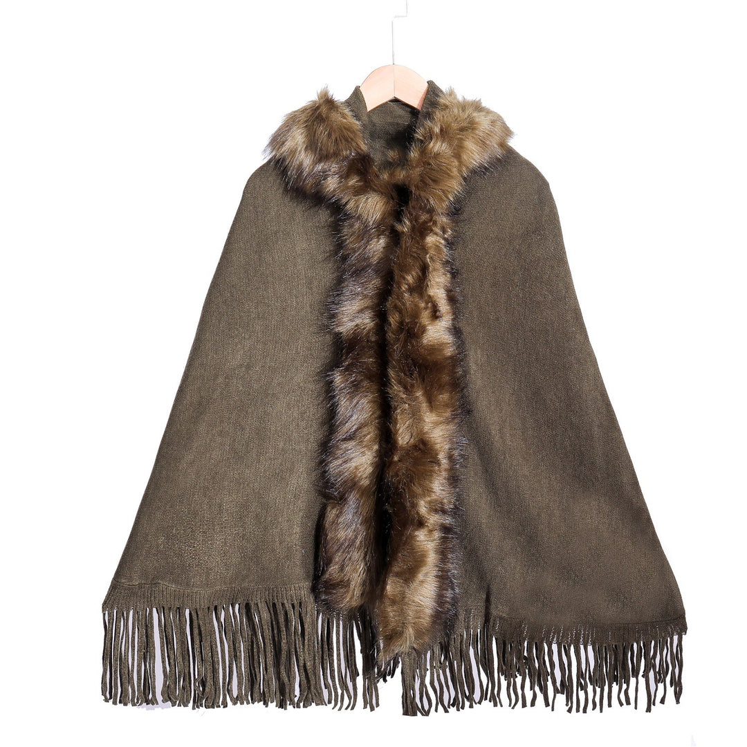 Damen Eleganter Wollmix-Umhangponcho mit abnehmbarem Kunstfellbesatz und Fransensaum – Montévia