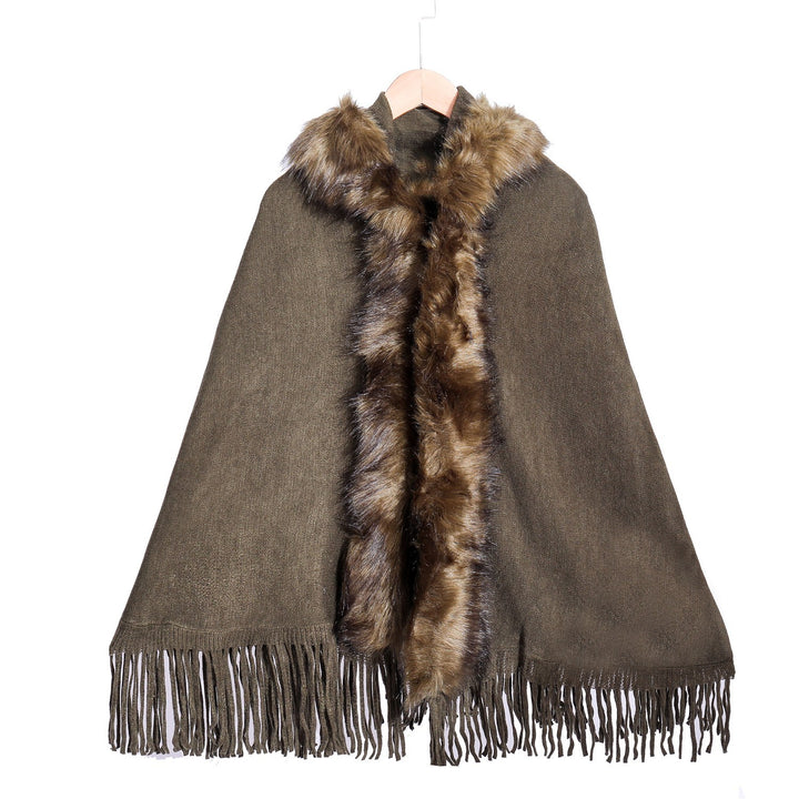 Damen Eleganter Wollmix-Umhangponcho mit abnehmbarem Kunstfellbesatz und Fransensaum – Montévia