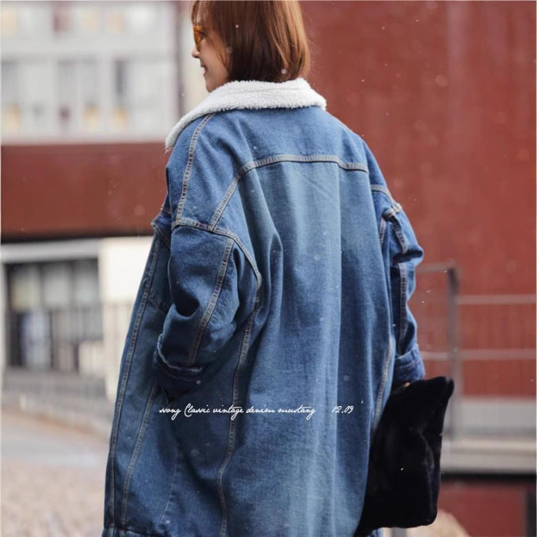 Gefütterte Jeansjacke mit Lammfell-Optik, mittellang