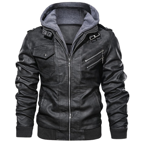 Herren modische Lederjacke mit abnehmbarer Kapuze und praktischen Taschen Echoarchiv
