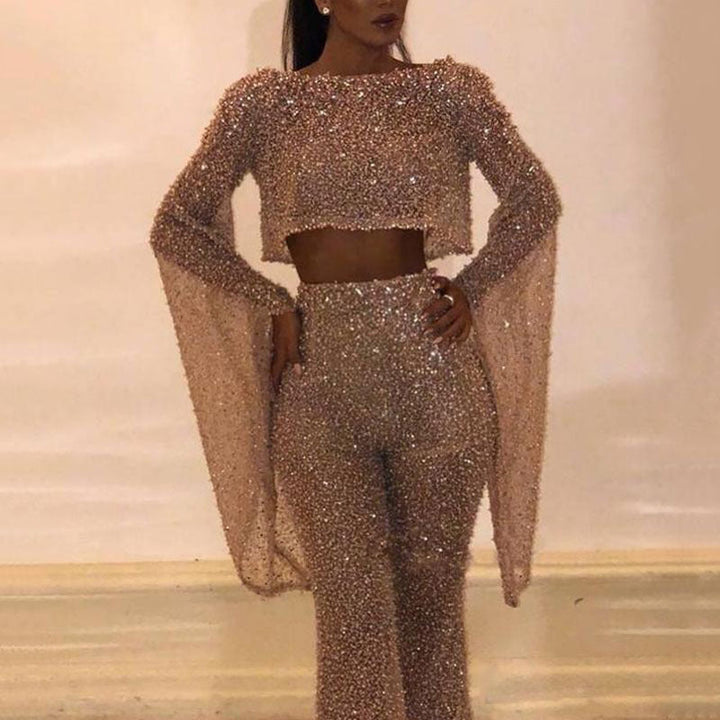 Damen Glitzerndes Zweiteiliges Set mit weitem Bein und langen Ärmeln Echoarchiv