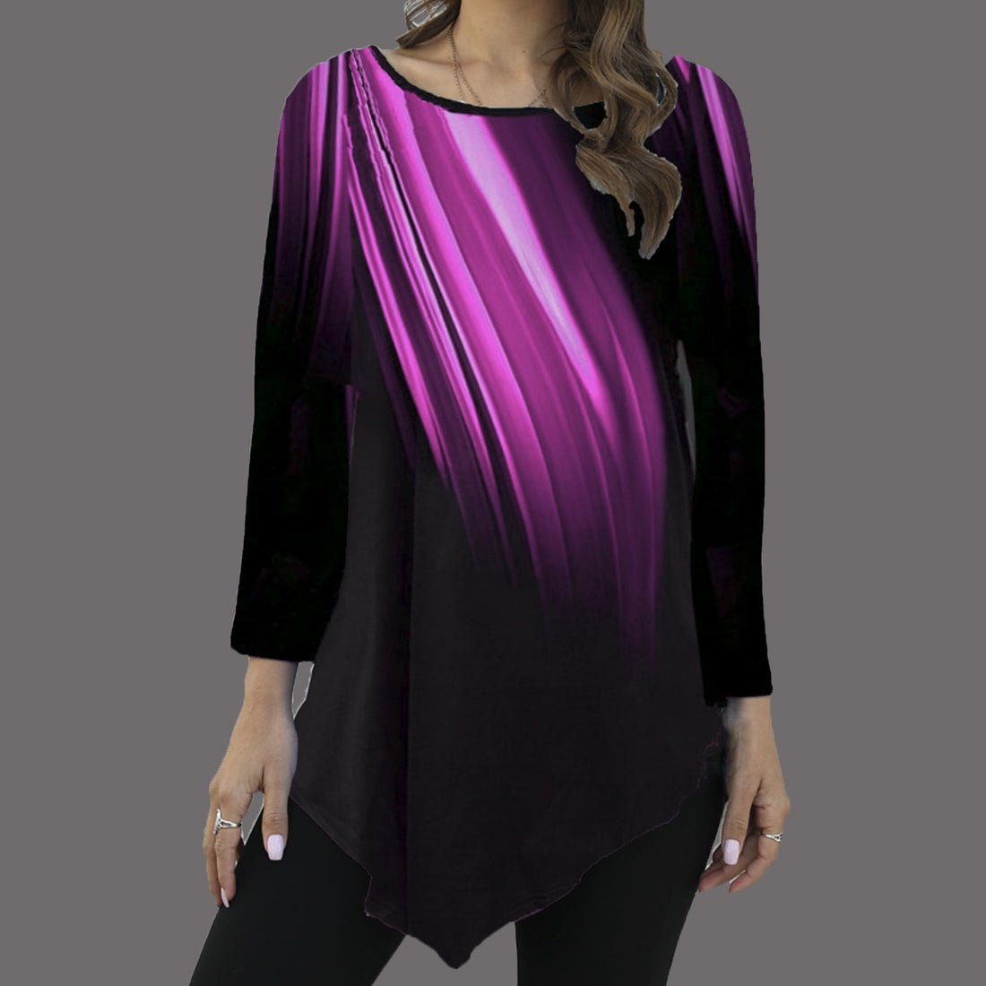 Damen Asymmetrische Tunika mit Zipfelsaum und abstraktem Verlaufprint – Avérine