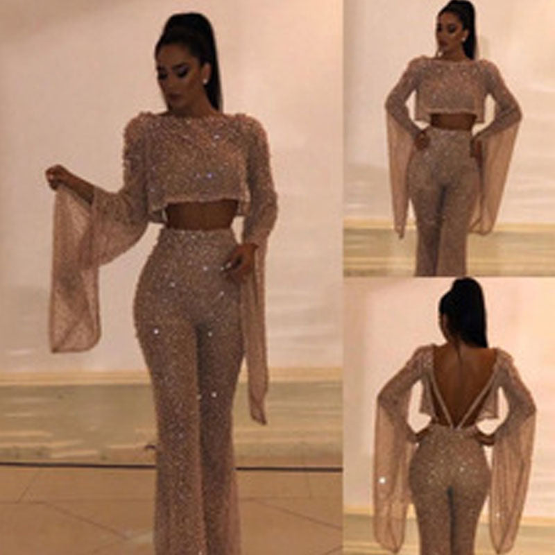 Damen Glitzerndes Zweiteiliges Set mit weitem Bein und langen Ärmeln Echoarchiv