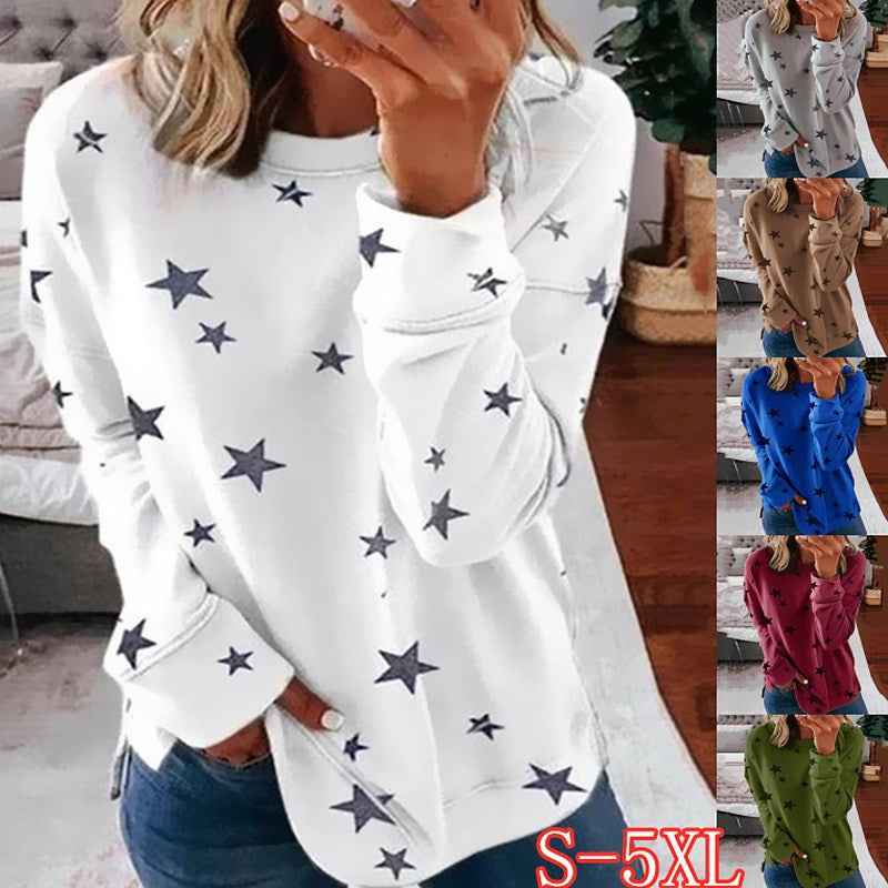 Damen nan locker geschnittenes Sternen-Print Sweatshirt mit Rundhalsausschnitt, verlängertem Rücken und seitlichen Schlitzen Echo Archiv