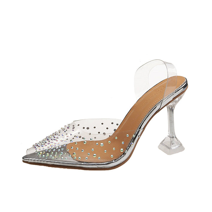 Damen nan PVC-Mule mit spitzer Kappe Strassbesatz Plexiglas-Absatz und gepolstertem Fußbett Echo Archiv