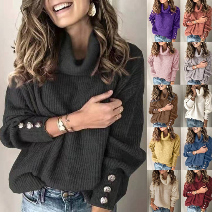 Damen Oversized Rollkragenpullover aus feinem Strick mit dekorativen Knopfärmel Echoarchiv