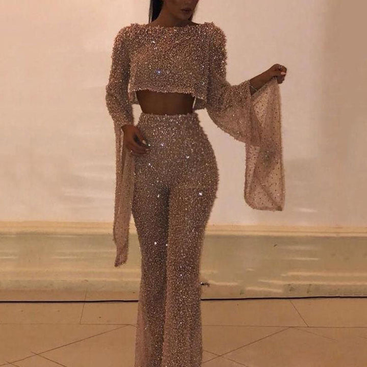Damen Glitzerndes Zweiteiliges Set mit weitem Bein und langen Ärmeln Echoarchiv