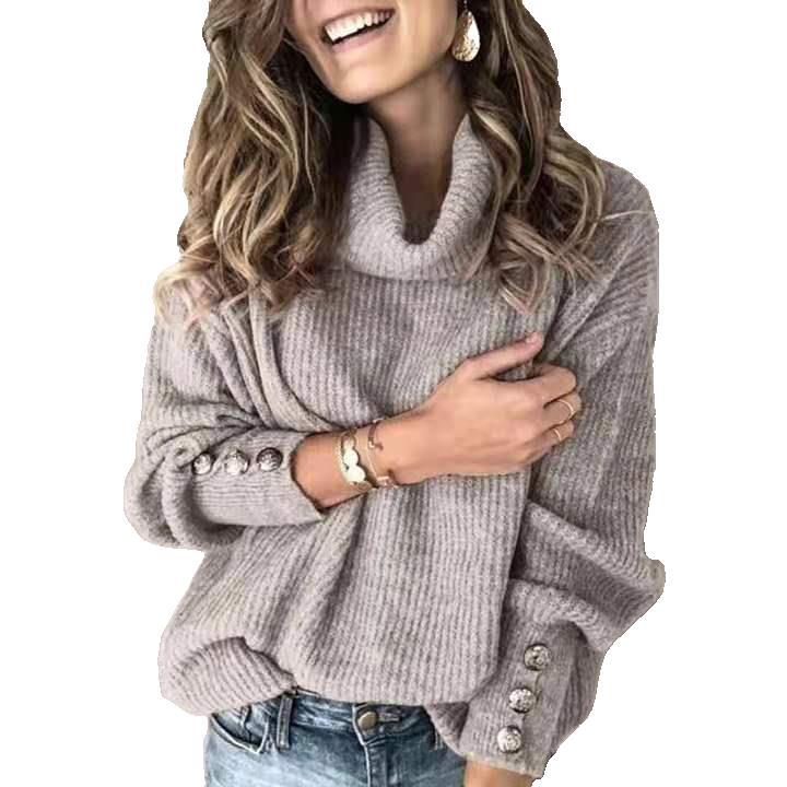 Damen Oversized Rollkragenpullover aus feinem Strick mit dekorativen Knopfärmel Echoarchiv