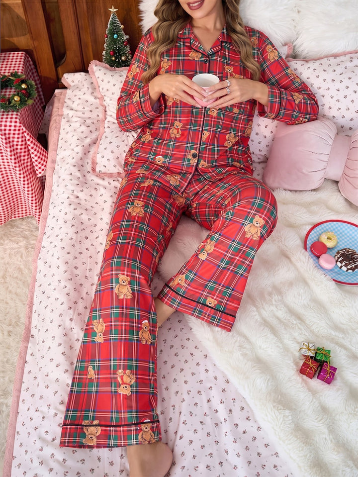 Damen-Pyjama-Set, Langarm, Kariert mit Cartoon-Motiv