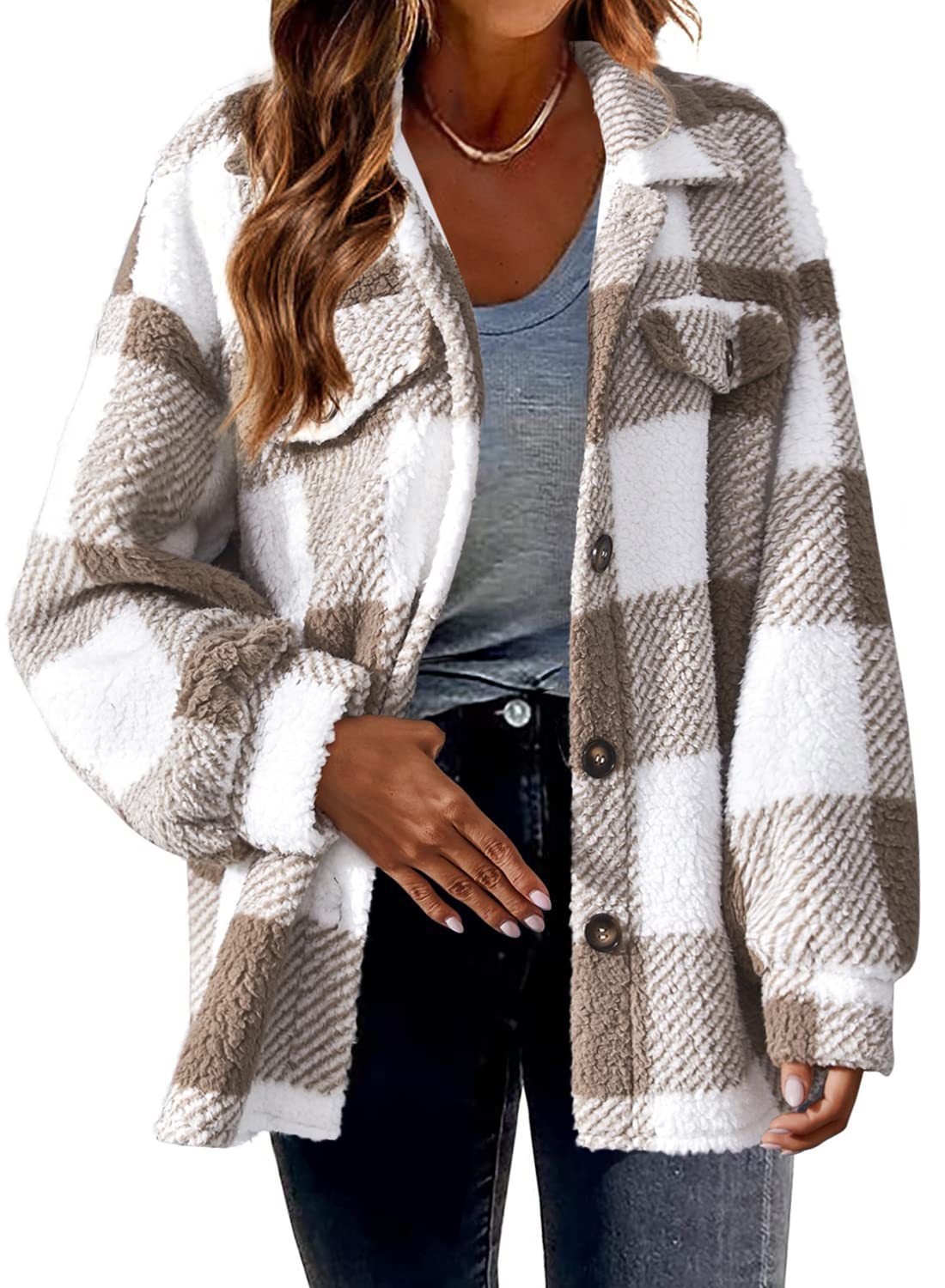 Karo-Jacke aus Lammfleece-Imitat mit Taschen