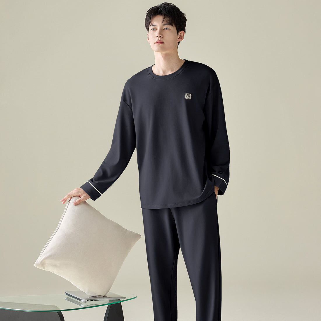 Herren-Pyjama-Set, 100% Baumwolle, Langarm, modern