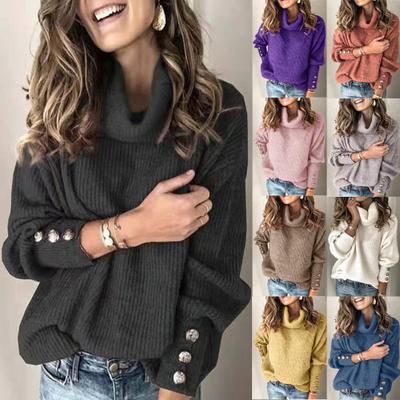 Damen Grobstrick-Rollkragenpullover mit Zierknopf-Ärmeln und lässiger Oversize-Passform Echoarchiv