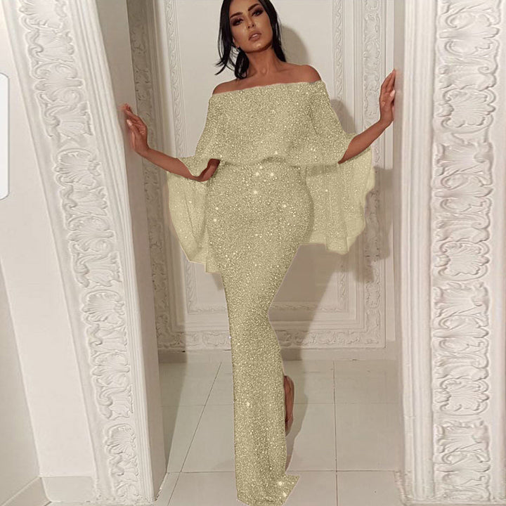 Damen Abend-Jumpsuit mit schulterfreiem Cape-Einsatz und glitzerndem Stretchstoff Echoarchiv
