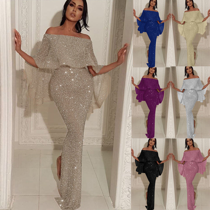 Damen Abend-Jumpsuit mit schulterfreiem Cape-Einsatz und glitzerndem Stretchstoff Echoarchiv