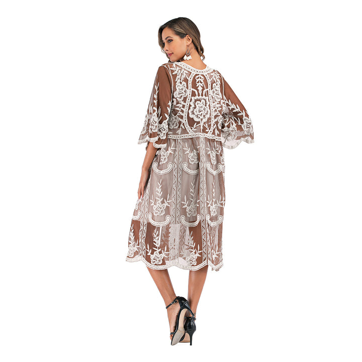 Damen elegante Häkel-Strandrobe mit voluminösen Ärmeln und floralem Design Echo Archiv