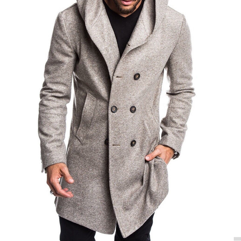 Herren Woolblend Mantel mit Kapuze und doppelter Knopfleiste Echoarchiv