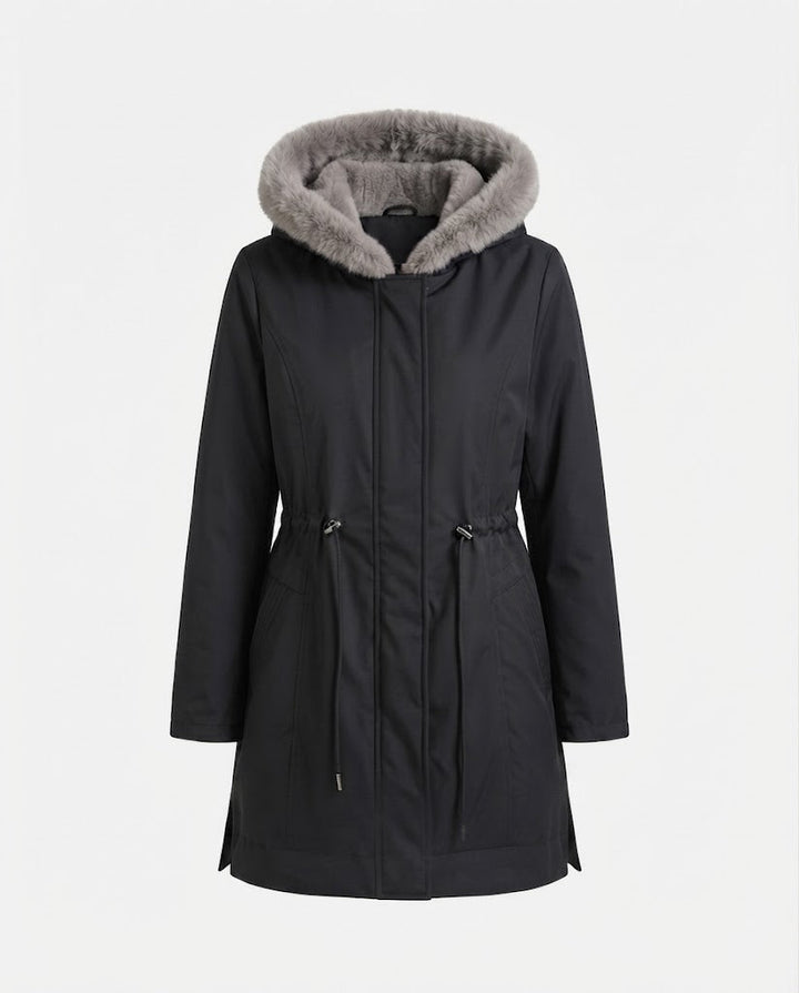 Damen knielange Thermoparkas mit abnehmbarem Teddyhood, Kordelzug in der Taille und verdeckter Frontklappe