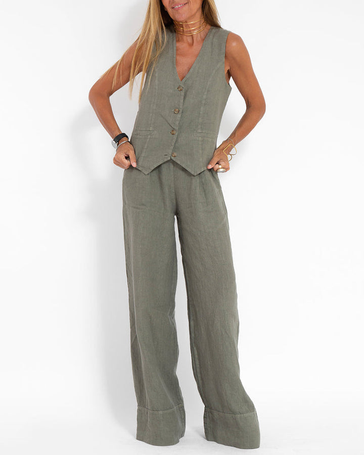 Echoarchiv | Elegantes 2-Teiliges Set Leinen Weite Hose & Weste