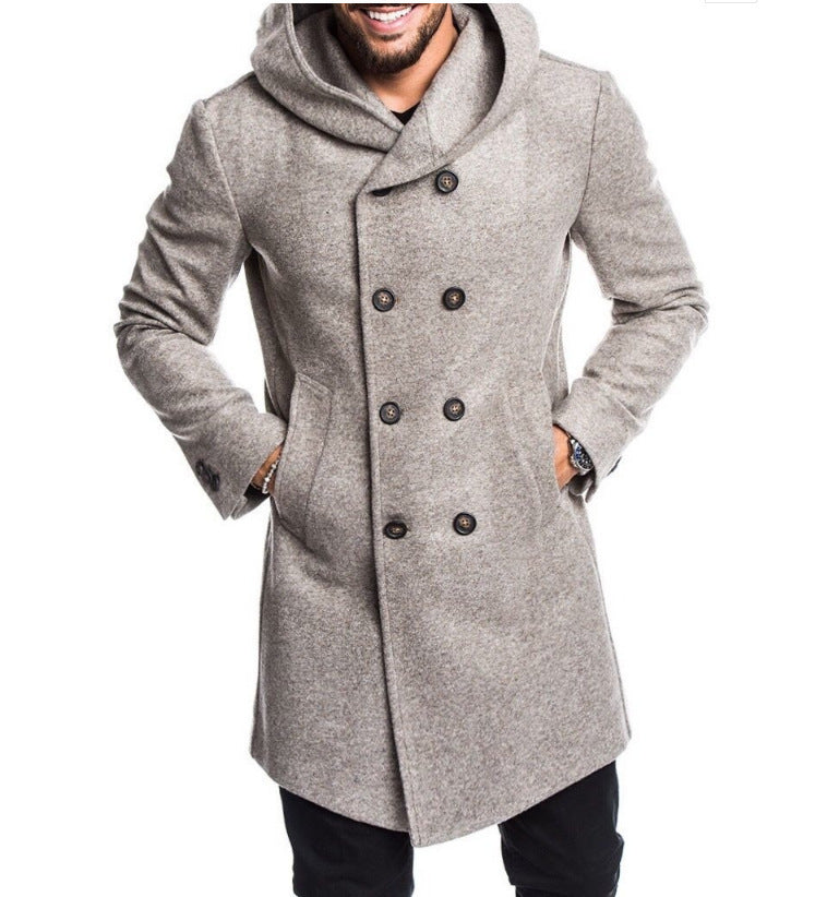 Herren Woolblend Mantel mit Kapuze und doppelter Knopfleiste Echoarchiv