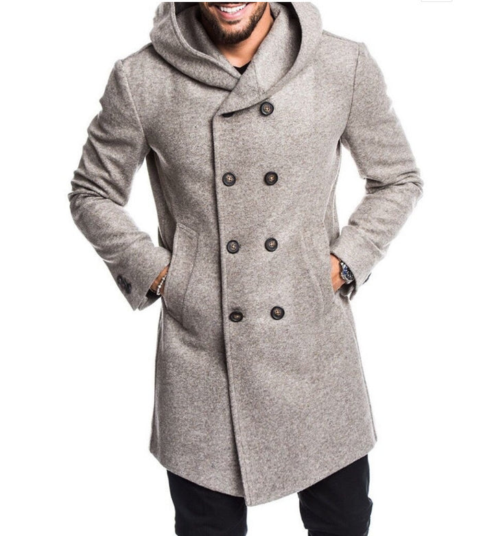 Herren Woolblend Mantel mit Kapuze und doppelter Knopfleiste Echoarchiv