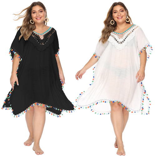 Damen luftiger Strandponcho mit buntem Quastenrand Echo Archiv