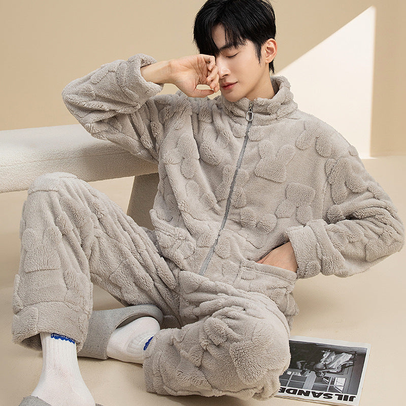 Herren-Pyjama-Set aus Korallenfleece, warm und mit Reißverschluss