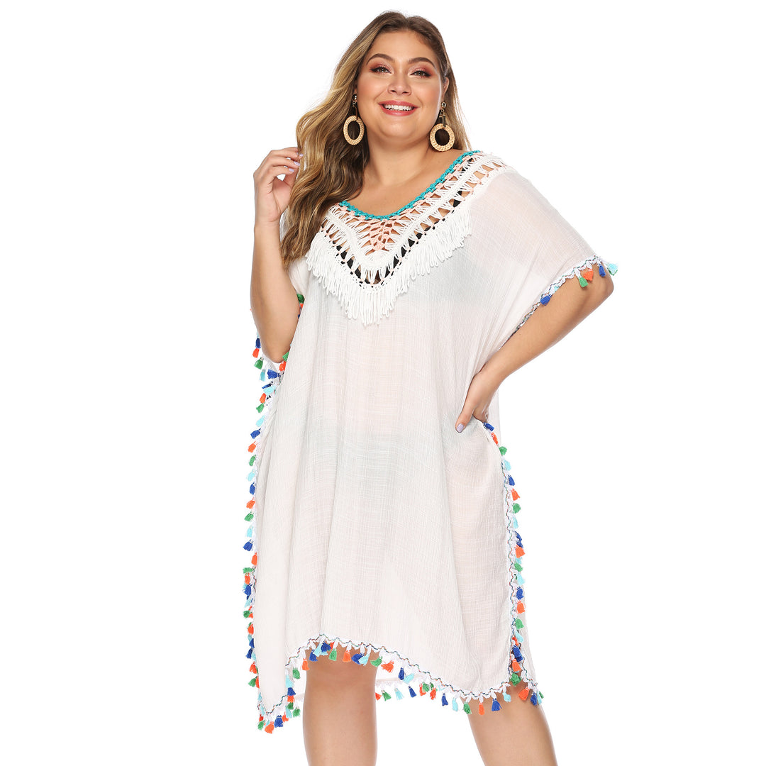 Damen luftiger Strandponcho mit buntem Quastenrand Echo Archiv