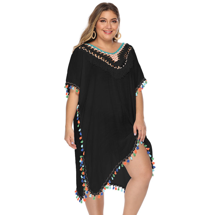 Damen luftiger Strandponcho mit buntem Quastenrand Echo Archiv