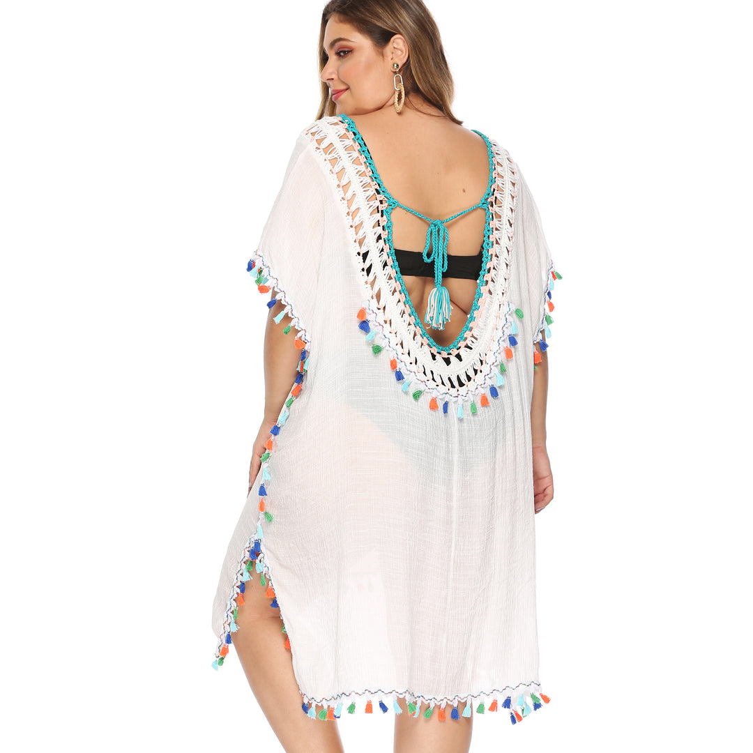 Damen luftiger Strandponcho mit buntem Quastenrand Echo Archiv
