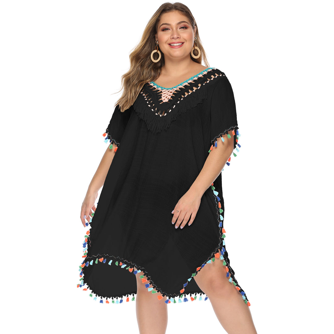 Damen luftiger Strandponcho mit buntem Quastenrand Echo Archiv