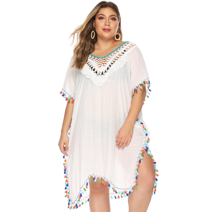 Damen luftiger Strandponcho mit buntem Quastenrand Echo Archiv