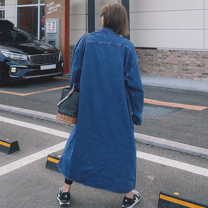 Damen Longline-Denimhemdmantel mit kastiger Oversize-Silhouette und durchgehender Knopfleiste – Célinea