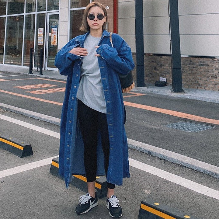 Damen Longline-Denimhemdmantel mit kastiger Oversize-Silhouette und durchgehender Knopfleiste – Célinea