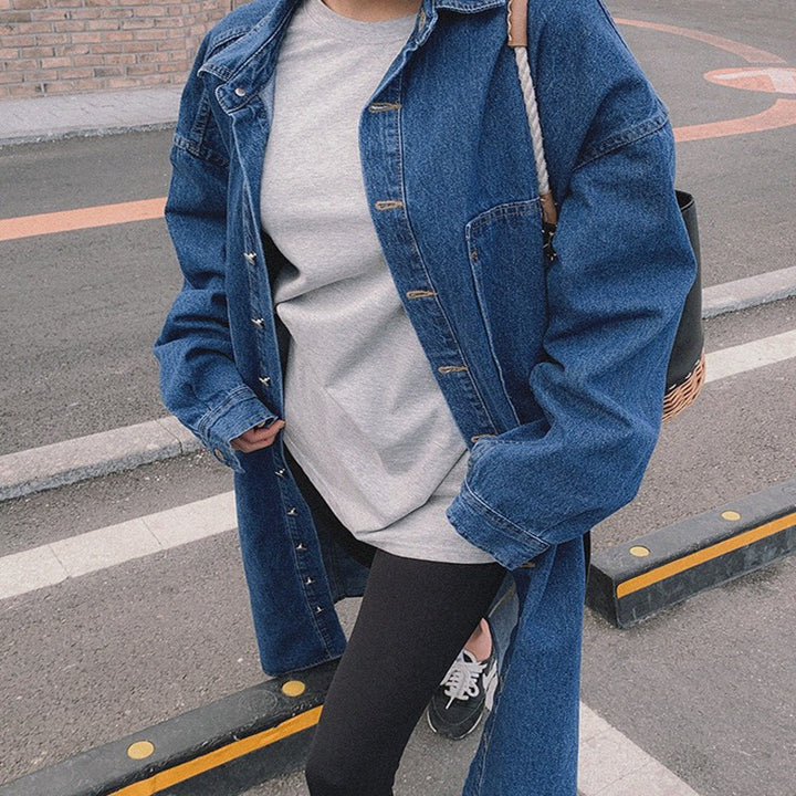 Damen Longline-Denimhemdmantel mit kastiger Oversize-Silhouette und durchgehender Knopfleiste – Célinea