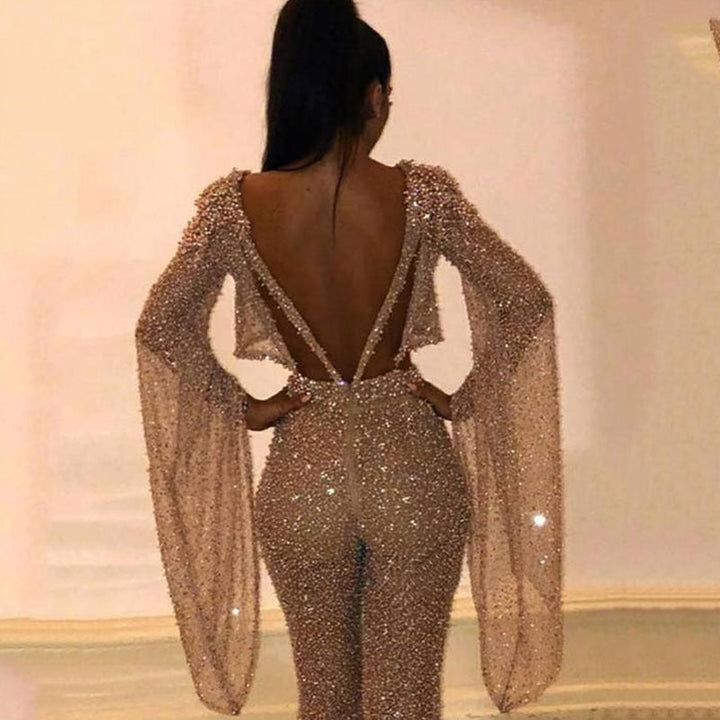 Damen Glitzerndes Zweiteiliges Set mit weitem Bein und langen Ärmeln Echoarchiv
