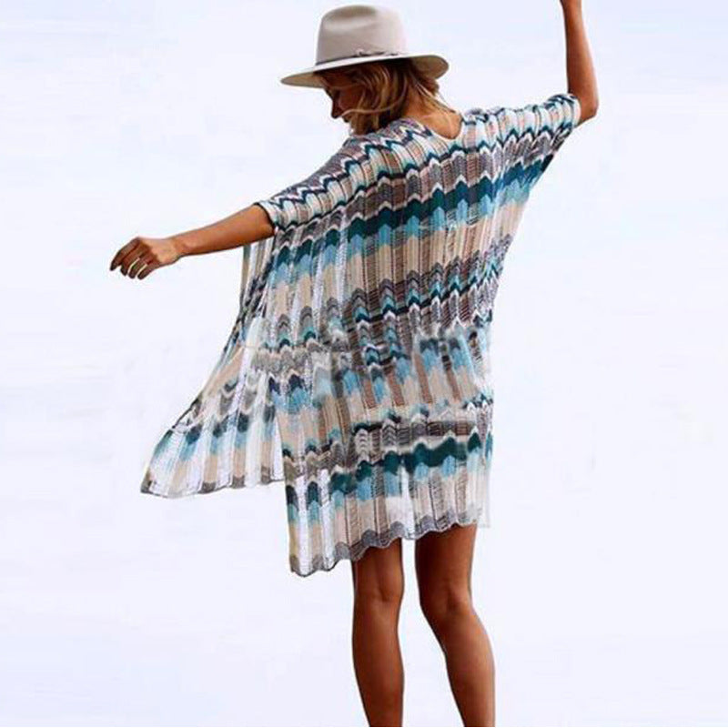 Damen lässiger Strandkimono im Wellenmuster mit offenen Ärmeln und seitlichen Schlitzen Echo Archiv