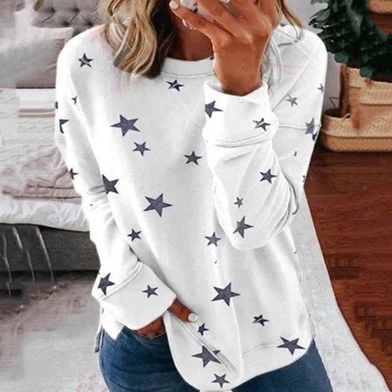 Damen nan locker geschnittenes Sternen-Print Sweatshirt mit Rundhalsausschnitt, verlängertem Rücken und seitlichen Schlitzen Echo Archiv