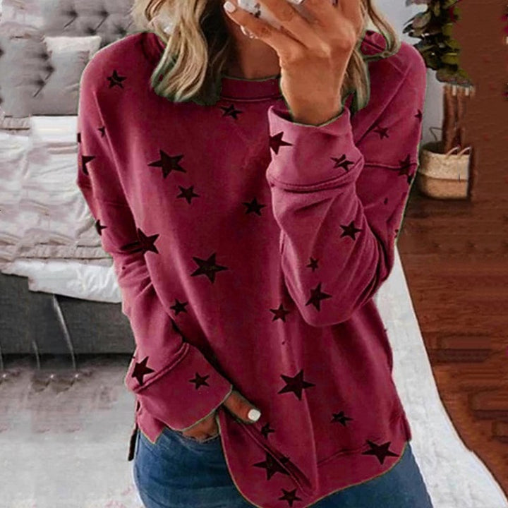 Damen nan locker geschnittenes Sternen-Print Sweatshirt mit Rundhalsausschnitt, verlängertem Rücken und seitlichen Schlitzen Echo Archiv