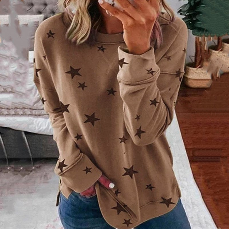 Damen nan locker geschnittenes Sternen-Print Sweatshirt mit Rundhalsausschnitt, verlängertem Rücken und seitlichen Schlitzen Echo Archiv