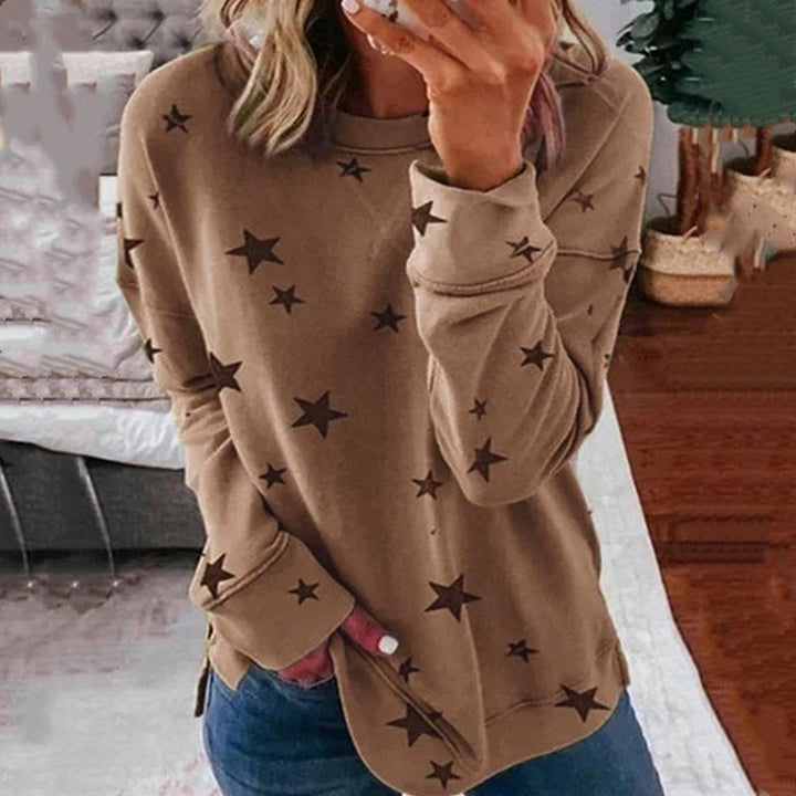 Damen nan locker geschnittenes Sternen-Print Sweatshirt mit Rundhalsausschnitt, verlängertem Rücken und seitlichen Schlitzen Echo Archiv