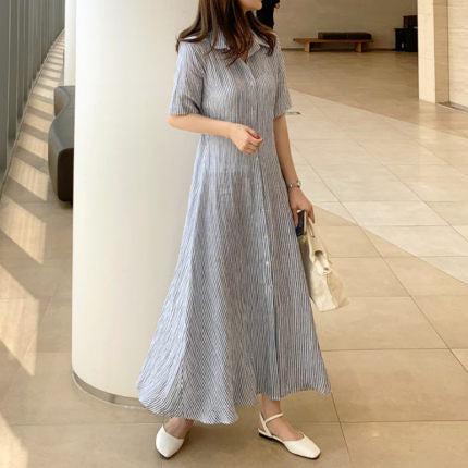 Damen Gestreiftes Hemdblusenkleid Maxi mit Kentkragen und seitlichem Beinschlitz Echoarchiv