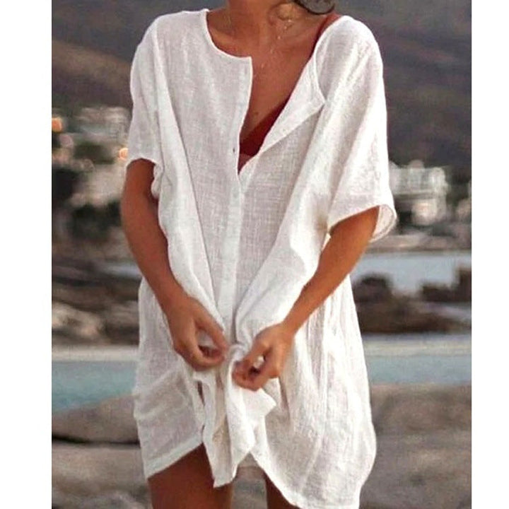 Damen Lässiges Strandkleid aus Leinen mit Knopfleiste und seitlichen Schlitzen Echoarchiv