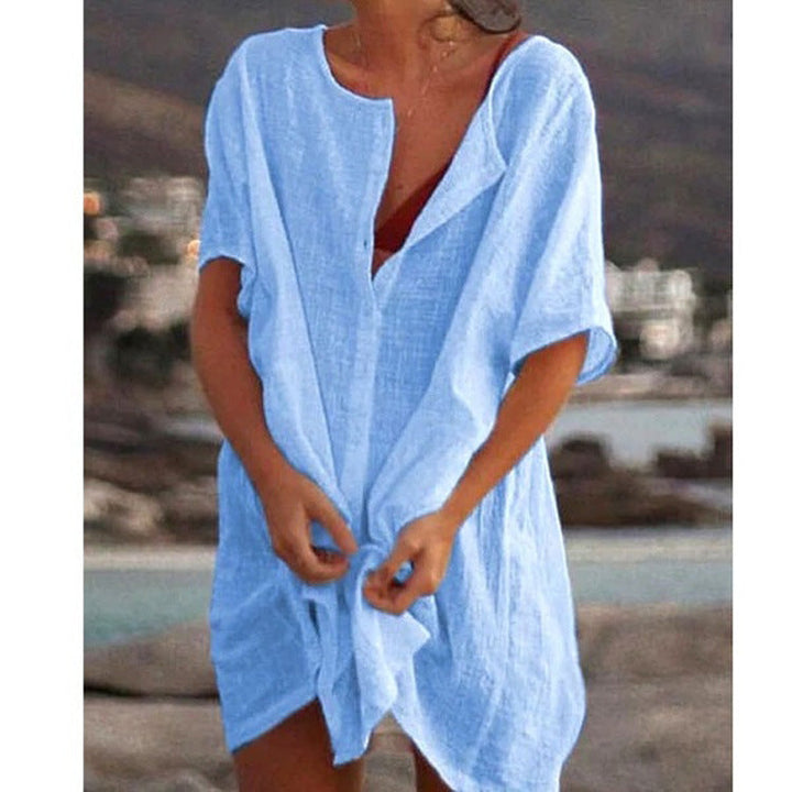 Damen Lässiges Strandkleid aus Leinen mit Knopfleiste und seitlichen Schlitzen Echoarchiv