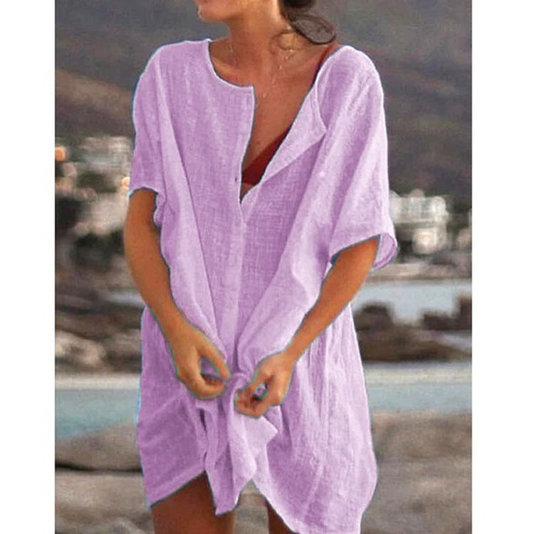 Damen Lässiges Strandkleid aus Leinen mit Knopfleiste und seitlichen Schlitzen Echoarchiv