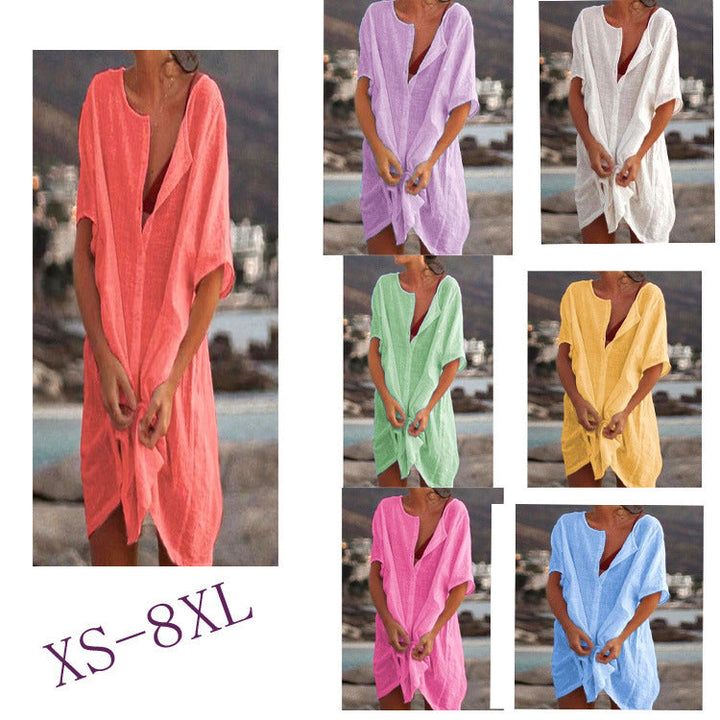 Damen Lässiges Strandkleid aus Leinen mit Knopfleiste und seitlichen Schlitzen Echoarchiv
