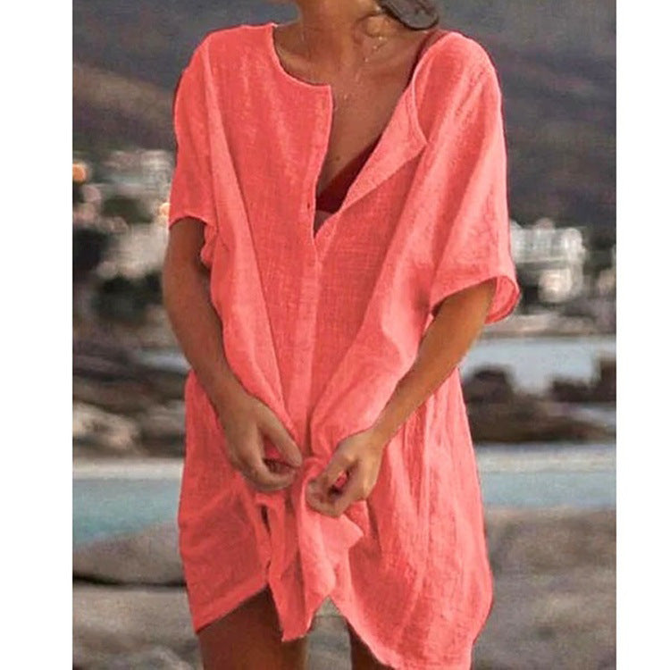 Damen Lässiges Strandkleid aus Leinen mit Knopfleiste und seitlichen Schlitzen Echoarchiv