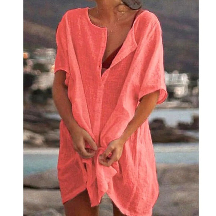 Damen Lässiges Strandkleid aus Leinen mit Knopfleiste und seitlichen Schlitzen Echoarchiv