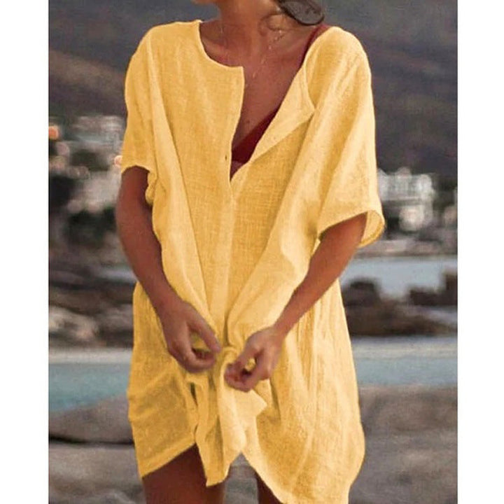 Damen Lässiges Strandkleid aus Leinen mit Knopfleiste und seitlichen Schlitzen Echoarchiv